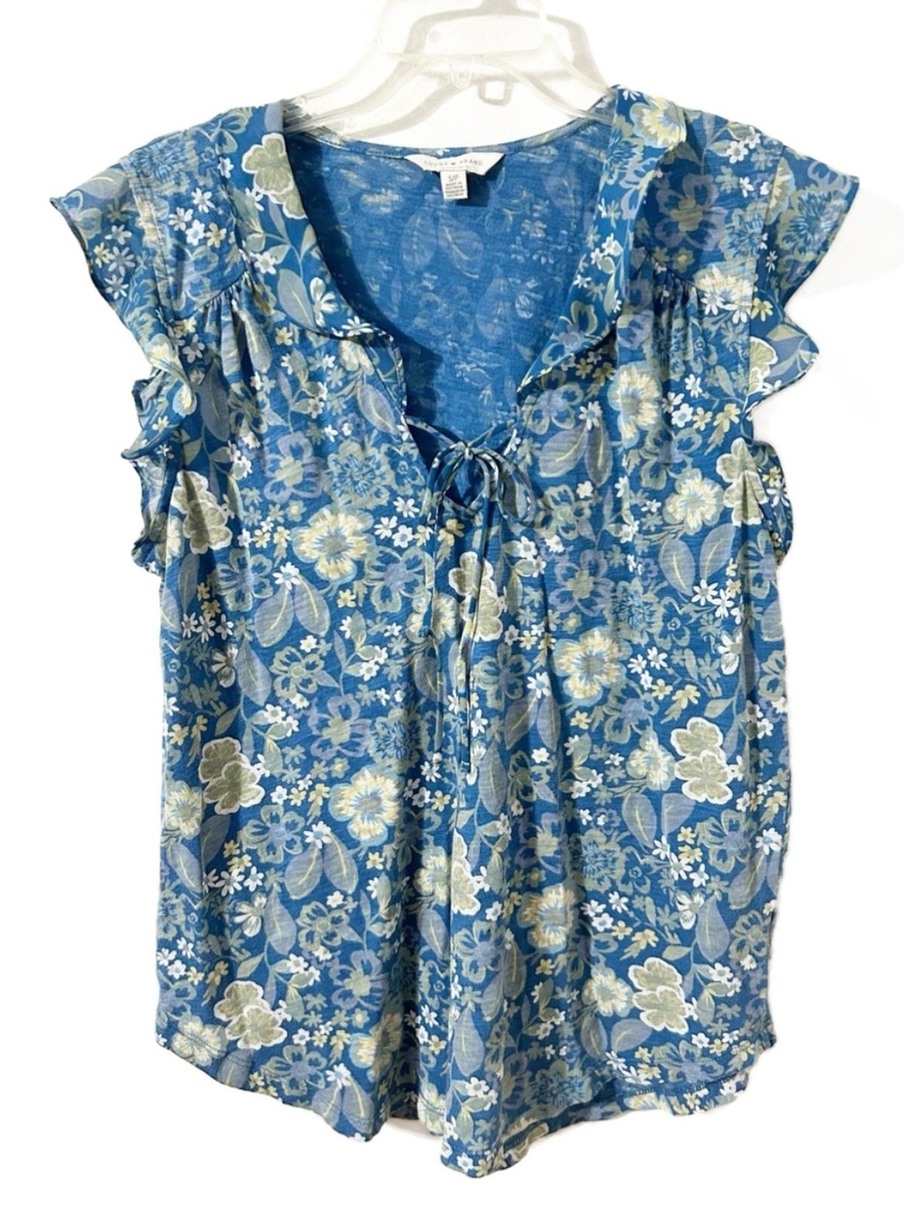 Lucky Brand Lightweight Blue Floral Ruffle Sleeve & Collar Top Tie Front Blouse